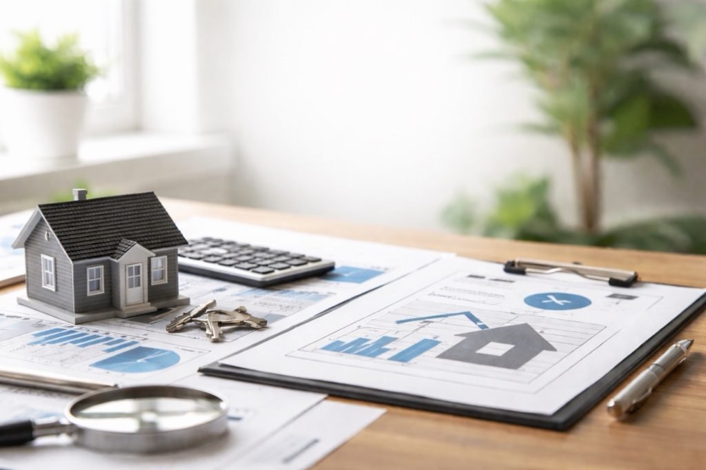 Real estate appraisal workspace in Chicago with a model house, keys, calculator, magnifying glass, and valuation reports used for professional property appraisal services.
