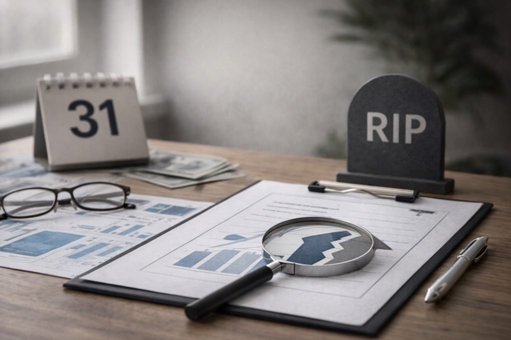 Date of death appraisal workspace in Chicago with calendar, estate documents, magnifying glass, and property valuation report used for probate and estate appraisal purposes.
