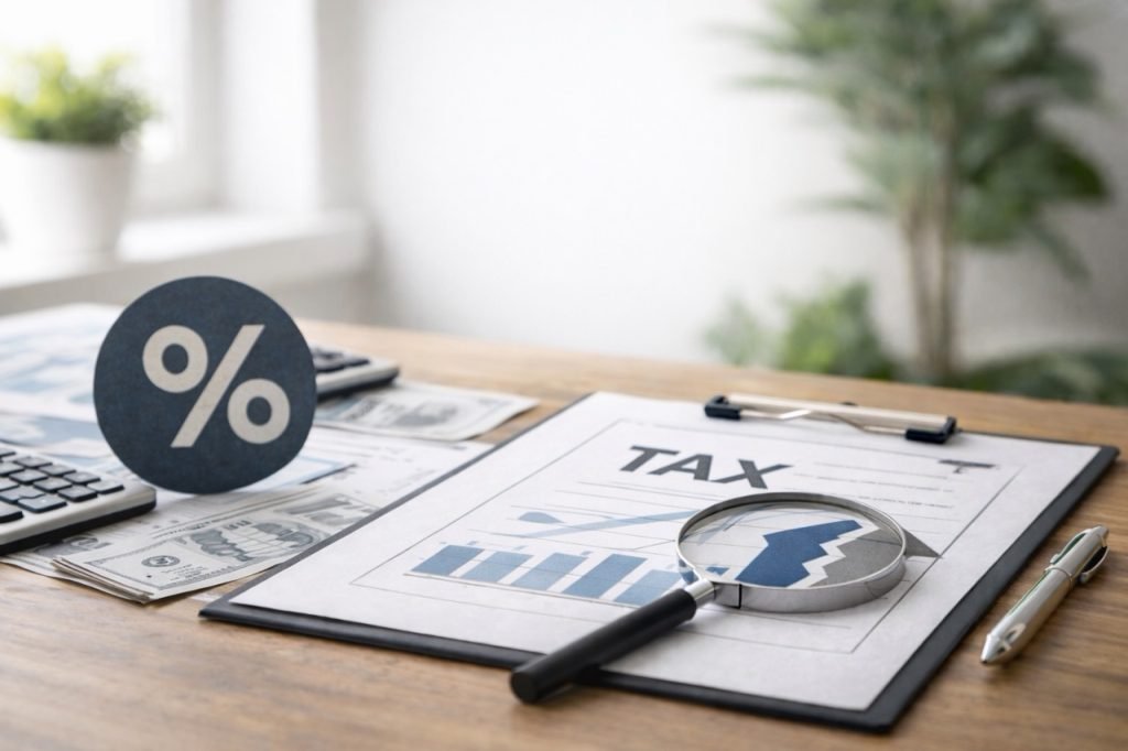 Tax appeal appraisal workspace in Chicago with tax documents, percentage symbol, magnifying glass, financial charts, and property valuation reports used for real estate tax appeals.