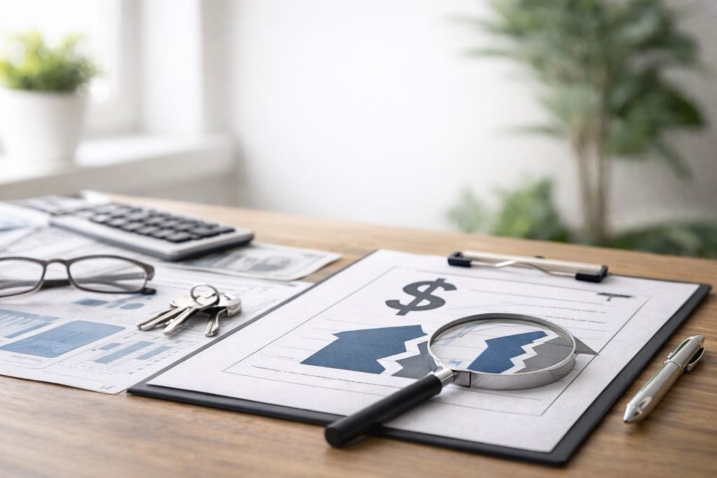 Bankruptcy appraisal workspace in Chicago with financial documents, calculator, magnifying glass, keys, and property valuation report used for court-approved real estate appraisals.