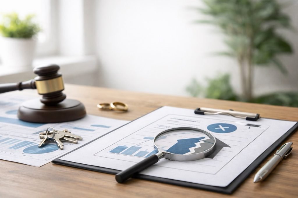 Divorce appraisal workspace in Chicago with a gavel, wedding rings, keys, magnifying glass, and property valuation documents used for equitable real estate appraisal during divorce proceedings.