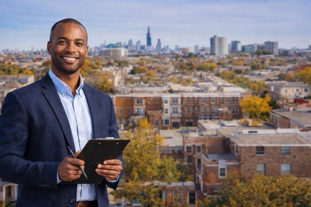 Professional residential real estate appraiser in Chicago holding a clipboard with the city skyline and neighborhood homes in the background.