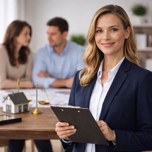 Professional real estate appraiser conducting a divorce appraisal with a couple and property valuation materials in a modern office setting.