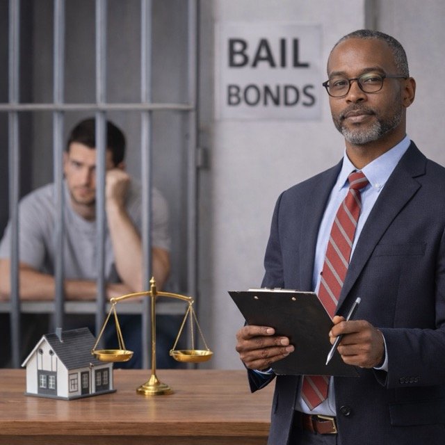 Bail Bond Appraisal for Court-Required Property Valuation Certified real estate appraiser preparing a bail bond appraisal with a property model and balance scale while an individual is held in a jail cell in the background.
