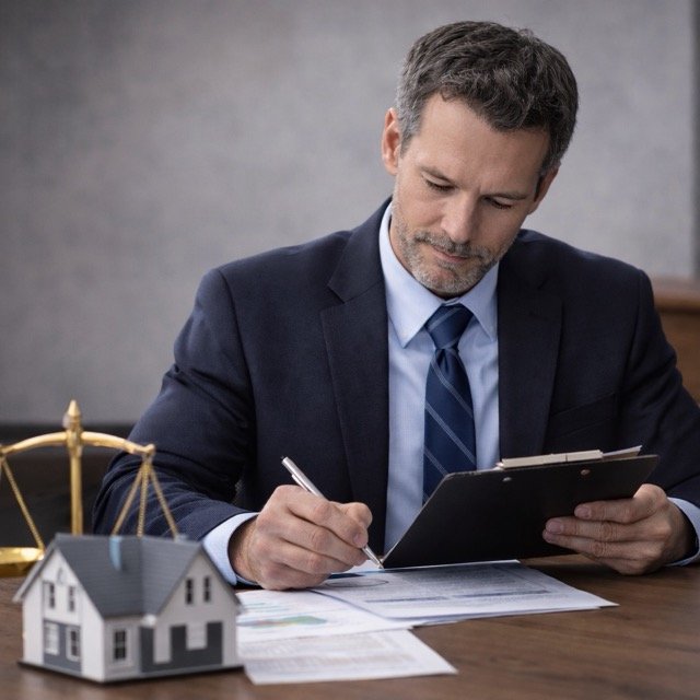 Certified real estate appraiser reviewing property valuation documents for a bankruptcy appraisal in a professional office setting.