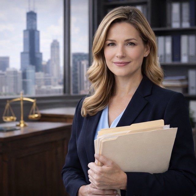 Professional tax appeal appraiser holding property valuation documents in an office with the Chicago skyline in the background.