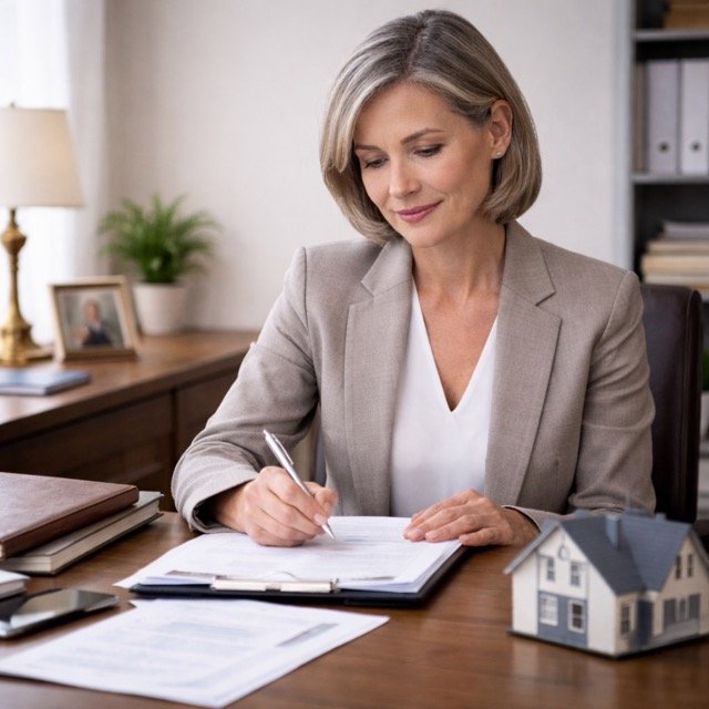 Certified real estate appraiser preparing a date of death property valuation for estate and probate purposes in a professional office setting.