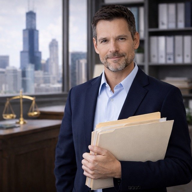 Professional date of death appraiser holding estate files in an office with the Chicago skyline in the background.