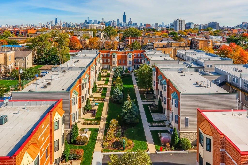 Aerial view of Chicago residential townhomes and apartment buildings, commonly appraised for PMI removal and mortgage insurance purposes.