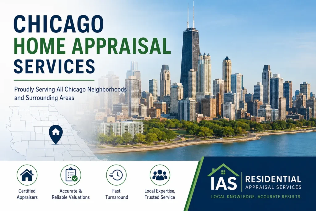 Chicago home appraisal services banner featuring the Chicago skyline and certified residential appraisers serving all Chicago neighborhoods