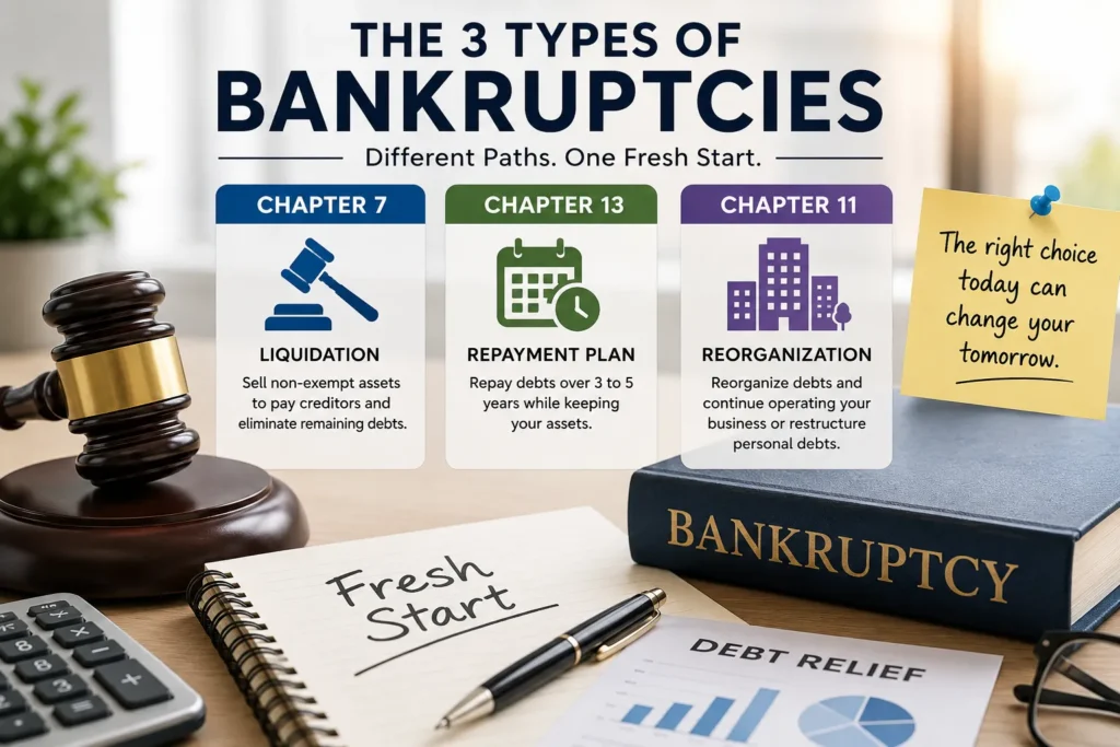 Comparison of Chapter 7 liquidation, Chapter 13 repayment plan, and Chapter 11 bankruptcy reorganization