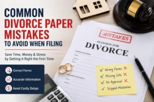 Common divorce paper mistakes to avoid when filing, including incorrect forms, missing information, and costly delays