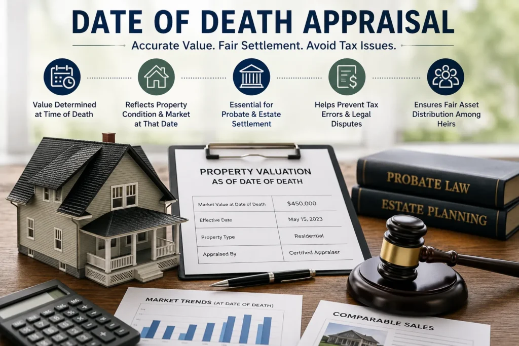 Date of death appraisal showing property valuation for probate and estate settlement