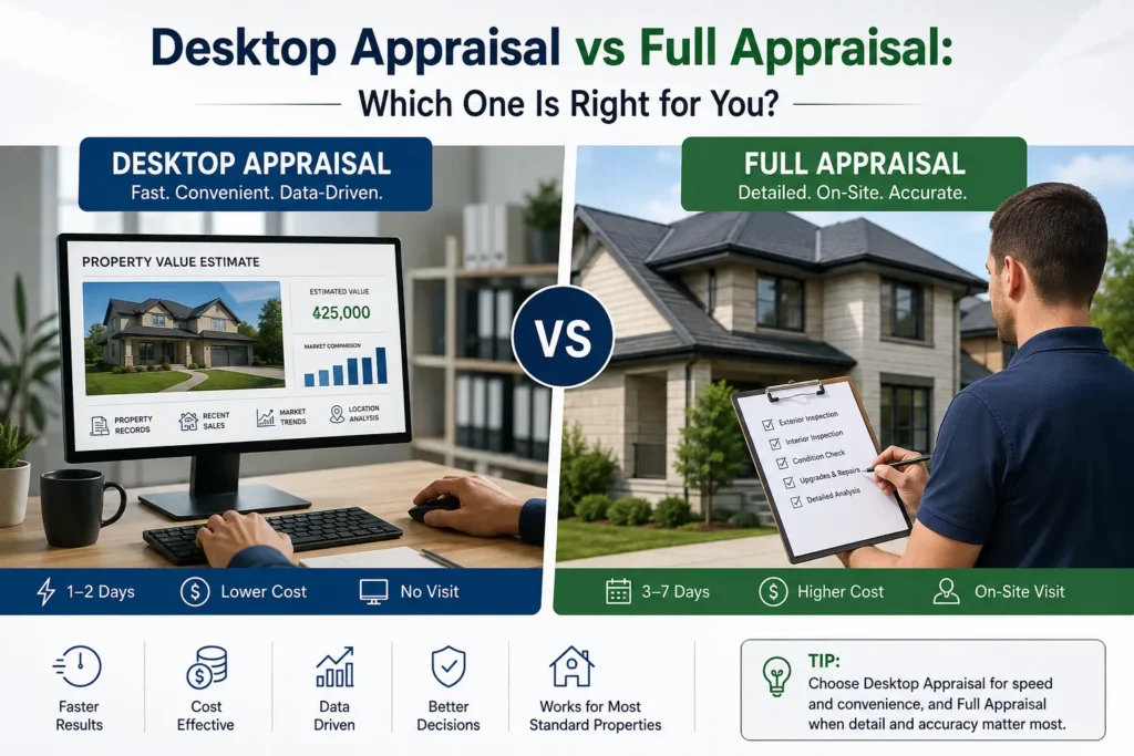 Desktop appraisal vs full appraisal showing property valuation differences