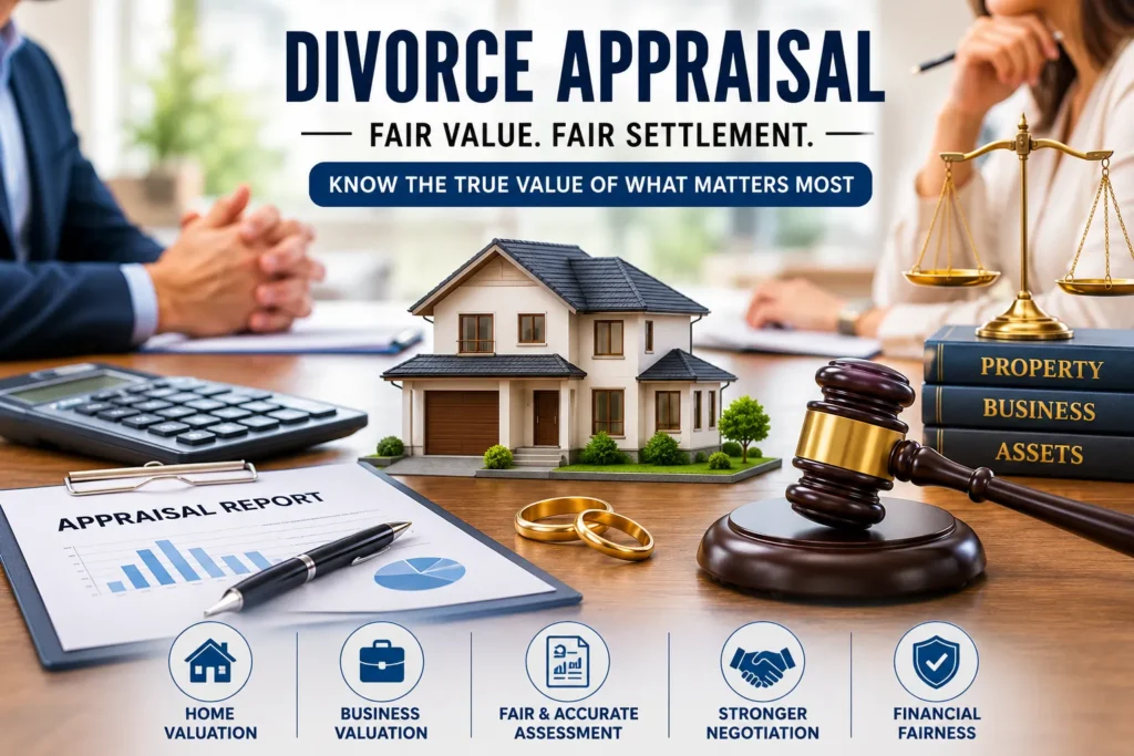 Divorce appraisal illustrating fair property valuation, business assets, appraisal reports, and financial settlement decisions