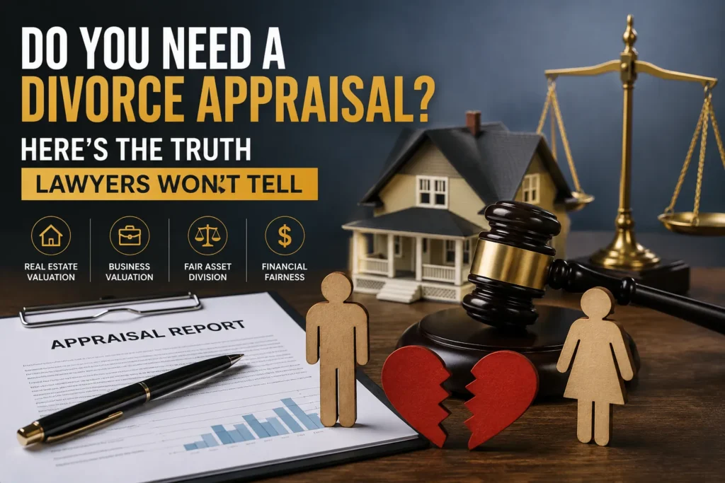 Divorce appraisal showing property, business valuation, asset division, and financial fairness during a divorce settlement