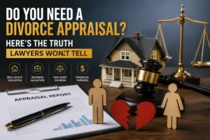 Divorce appraisal showing property, business valuation, asset division, and financial fairness during a divorce settlement