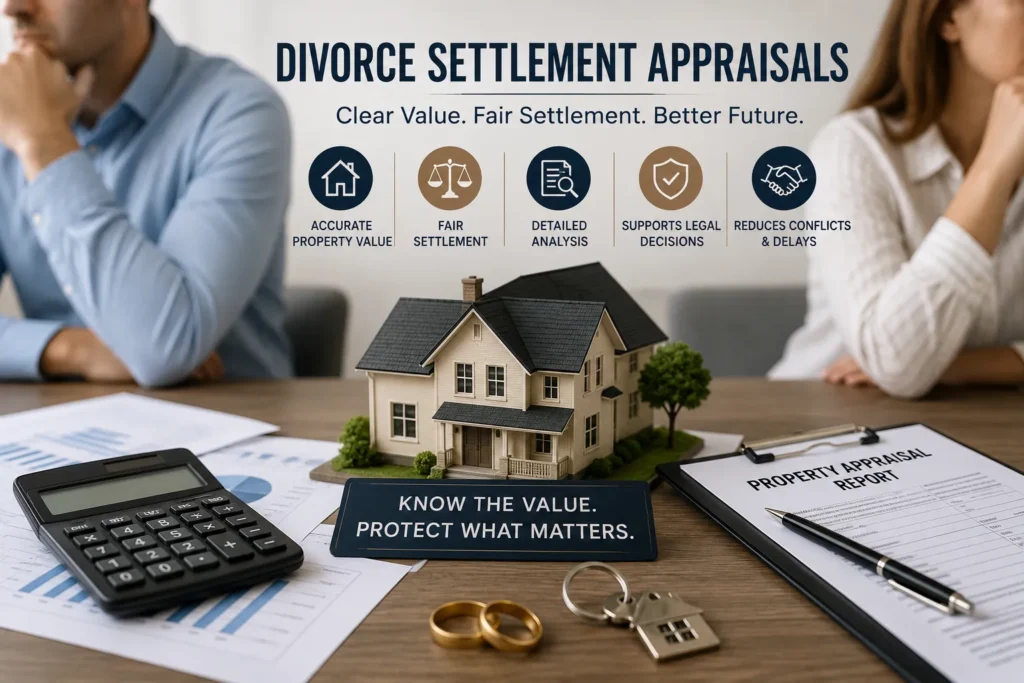 Divorce settlement appraisal with property valuation documents, calculator, house model, and settlement analysis