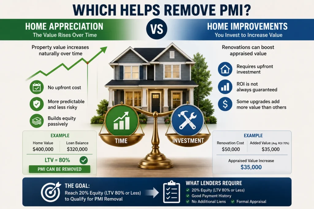Infographic comparing home appreciation and home improvements to explain PMI removal, home equity, and loan-to-value ratio.