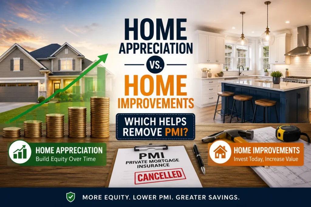 Comparison of home appreciation and home improvements showing how each can increase home equity and help remove PMI.