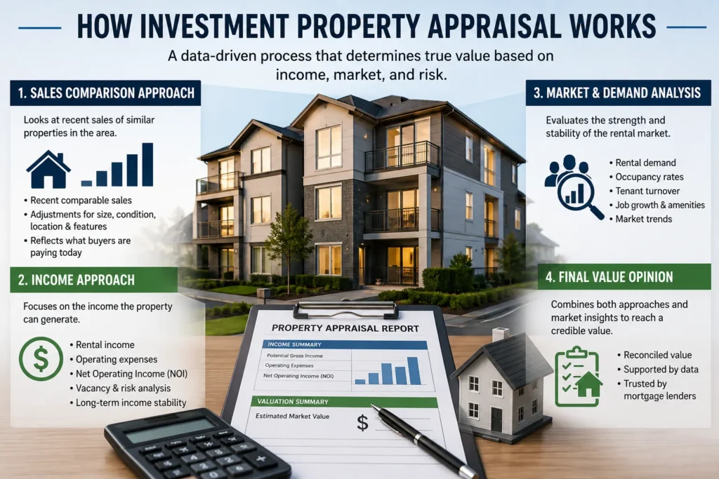 How investment property appraisal works using sales comparison, income approach, market analysis, and final value