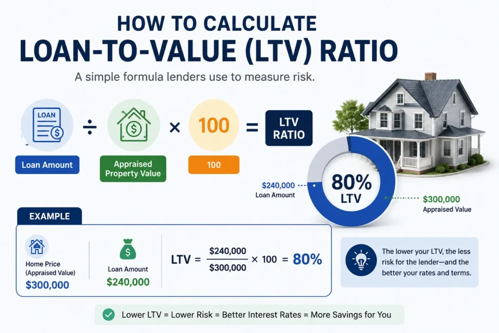 Infographic explaining how to calculate the Loan-to-Value (LTV) ratio using the loan amount and appraised property value with a real mortgage example.