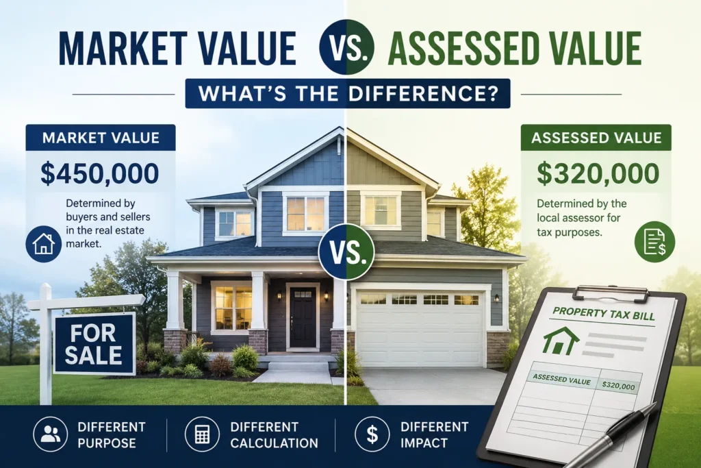 market value vs assessed value of a home, showing how market price differs from property tax assessment.