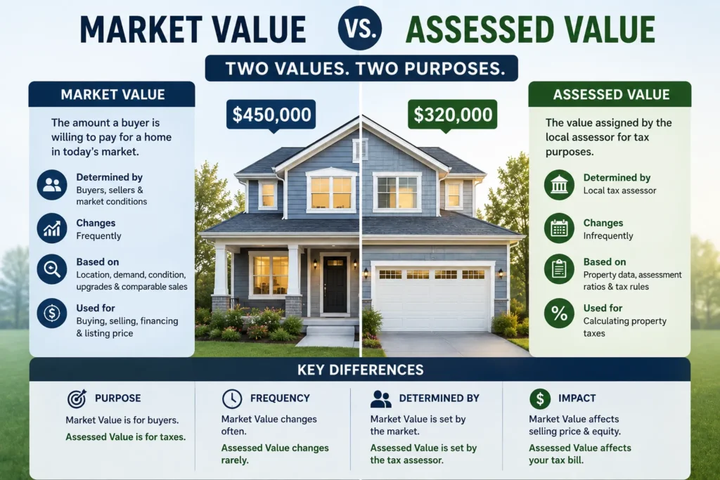 Comparison chart explaining the differences between market value and assessed value, including purpose, calculation, and impact on property taxes