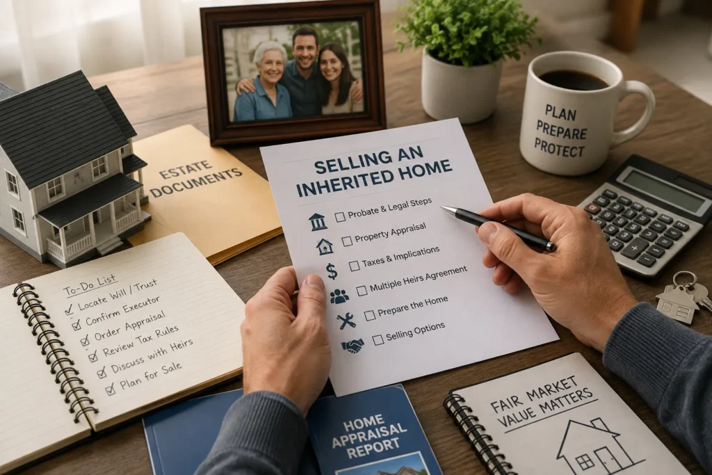 Person reviewing a selling an inherited home checklist with estate documents, home appraisal report, taxes, and planning materials on a desk.