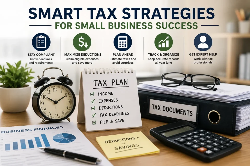 Smart tax strategies for small businesses including tax deductions, expense tracking, tax planning, compliance, and filing deadlines