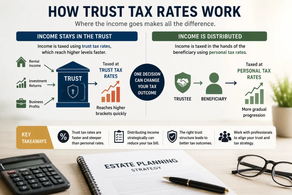 Trust tax rates comparison showing income retained in a trust versus distributed to beneficiaries