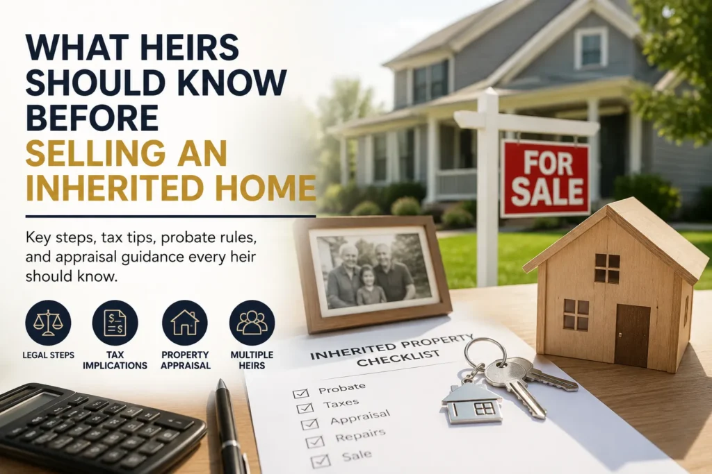 Checklist showing key steps heirs should know before selling an inherited home, including probate, taxes, property appraisal, and sale preparation.
