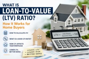 What is Loan-to-Value (LTV) Ratio? Illustration showing how LTV affects mortgage approval, home financing, PMI, and interest rates for home buyers.