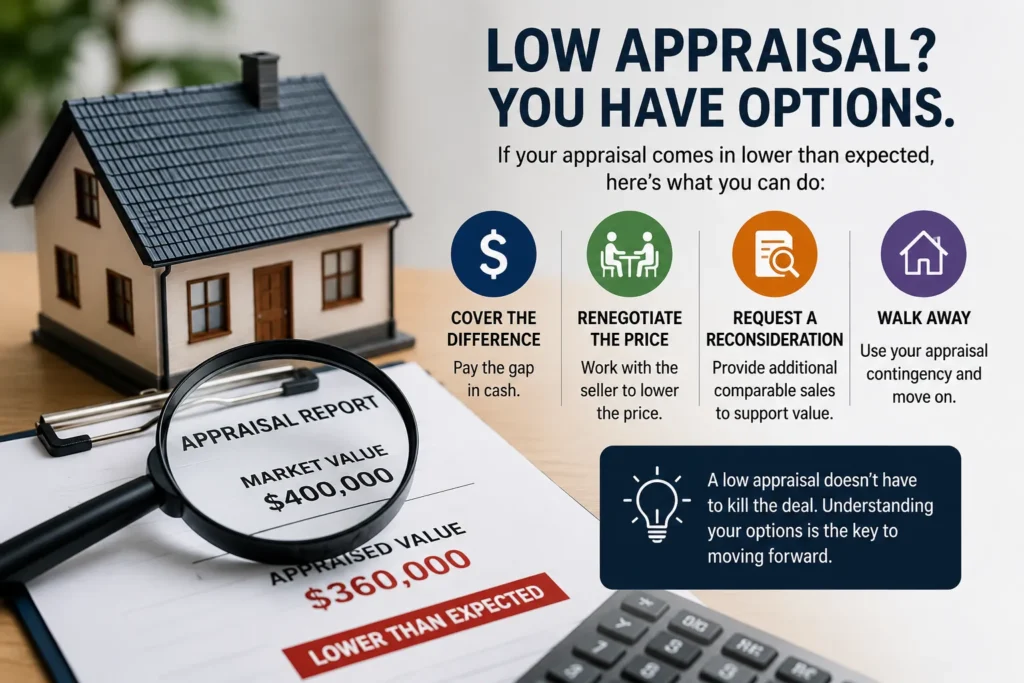 Illustration showing options after a low home appraisal, including paying the appraisal gap, negotiating with the seller, requesting a reconsideration of value, or walking away.