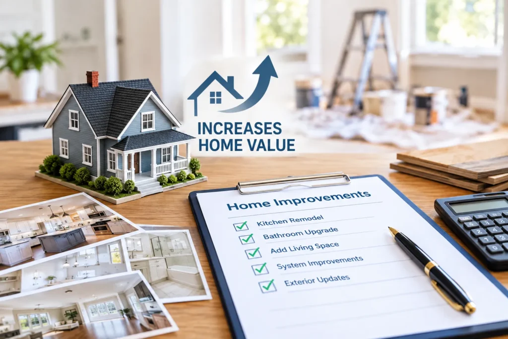 Home improvement checklist and model house showing potential value increase