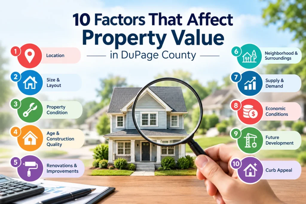 Property value factors in DuPage County shown around a home, including location, size, condition, renovations, demand, and development