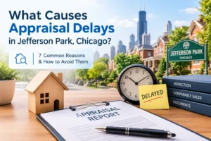 Home appraisal delays in Jefferson Park, Chicago, with an appraisal report, house model, and clock